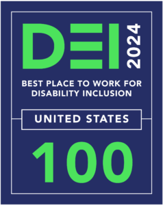 Blue and green logo for The 2024 Disability Equality Index®. Logo says "DEI Best Place to Work for Disability Inclusion"